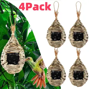 4Pieces Hanging Bird Nest House for Outside,Hand Woven, Durable Sturdy, Made of Natural Grass, Perfect for Garden Patio Lawn Office Indoor (9.4 x 4.3 Inches) - Home Improvement.