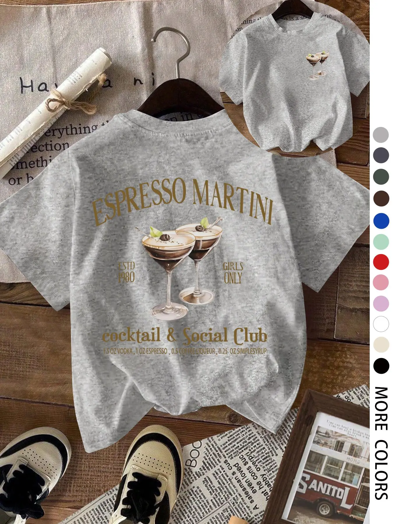 Women's Espresso Martini Cocktail Graphic Print Round Neck Tee, Casual Loose Short Sleeve T-shirt for Daily Wear Everyday, Ladies Sleepwear for Fall, Top