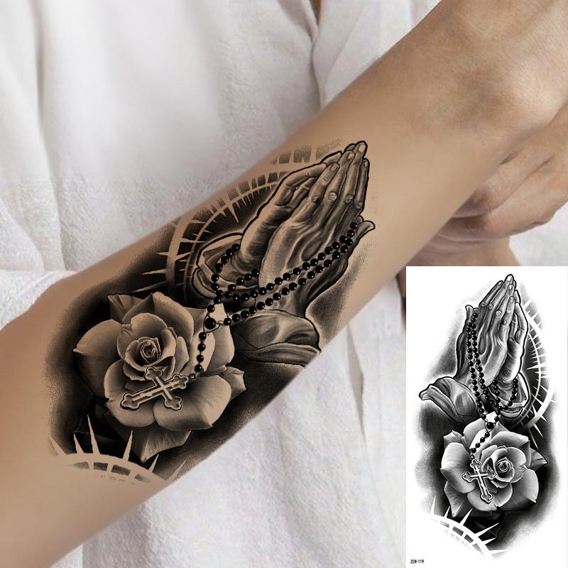 8 Pcs Jesus Cross Temporary Tattoo Stickers, Waterproof Eagle Jesus Eye Prayer Hand Rose Design, Unisex Adult Leg Arm Fake Sleeve Tattoos, Body Fake Tattoos