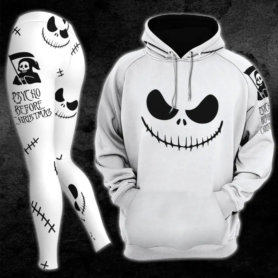 Nightmare Black White Christmas Matching Hoodie and Leggings Set, Gothic Holiday Pajama Outfit, Cozy Winter Family Matching Apparel, Festive Christmas Loungewear