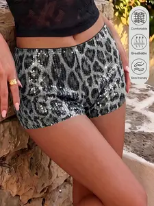 Women's Grey Black Leopard Print Sequin High Waist Biker Shorts, Y2K Streetwear Vintage Sparkly Leopard Loungewear Shorts, Summer Casual Shiny Leopard Print High Waist Shorts, For Party, Night Out, Street Style, Women's Retro Streetwear #springsaledeals20