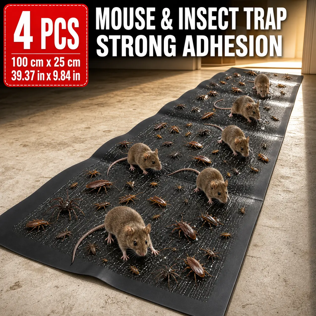 4 Pack Mouse Glue Traps, Large Anti-Slip Enhanced Sticky Boards for Rodent & Snake Pest Control, Highly Effective Indoor Outdoor Use in Home & Garage