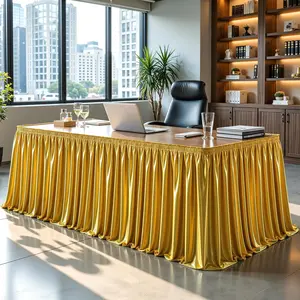 6Ft Gold Satin Table Skirt for Rectangle or Round Tables, Wrinkle-Free Ruffle Pleated Sparkly Spandex Table Skirting for Home Office Kitchen Trade Shows Wedding Party Decor