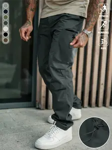 Men’s solid-color drawstring-waist cargo pants with pleats and pockets; men’s cargo pants; military green cargo pants; men’s solid-color straight-leg long pants in a casual American vintage style with pockets