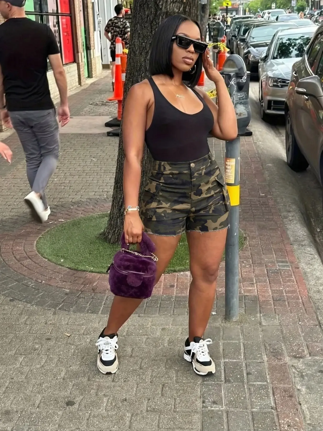 Women's Camouflage Print Moto Shorts with Pockets, Womenswear, Streetwear, Elastic Waistband, Durable and Fashionable Bottoms for Summer, Casual Street Style