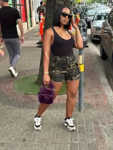 Women's Camo Print Moto Shorts, Camouflage, Elastic Waistband, 3D Pocket Design, Durable and Fashionable, Spring Summer Casual Street Style