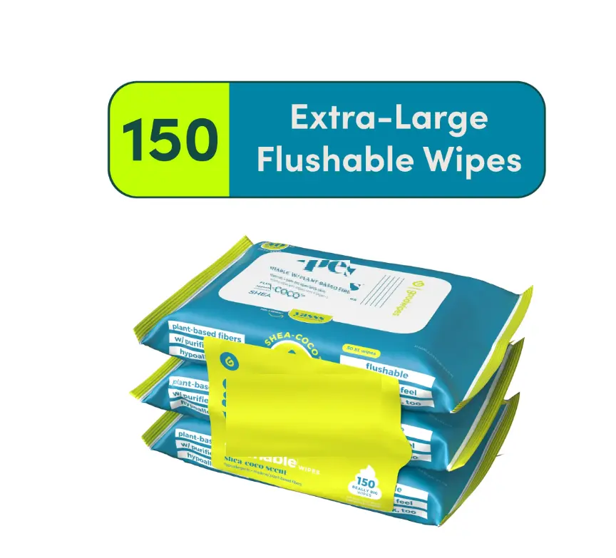 Sensitive Skin Safe Flushable Butt Wipes, Shea-Coconut Scent, 3 Pack, 150 Wipes Total