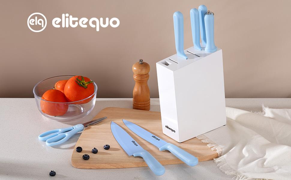ELITEQUO 8 Piece Knife Set with Blue Ceramic Coated Blades, Stylish Wooden Block & 8 Inch Sharpener - Elegant Kitchen Knife Block for Modern Culinary Excellence