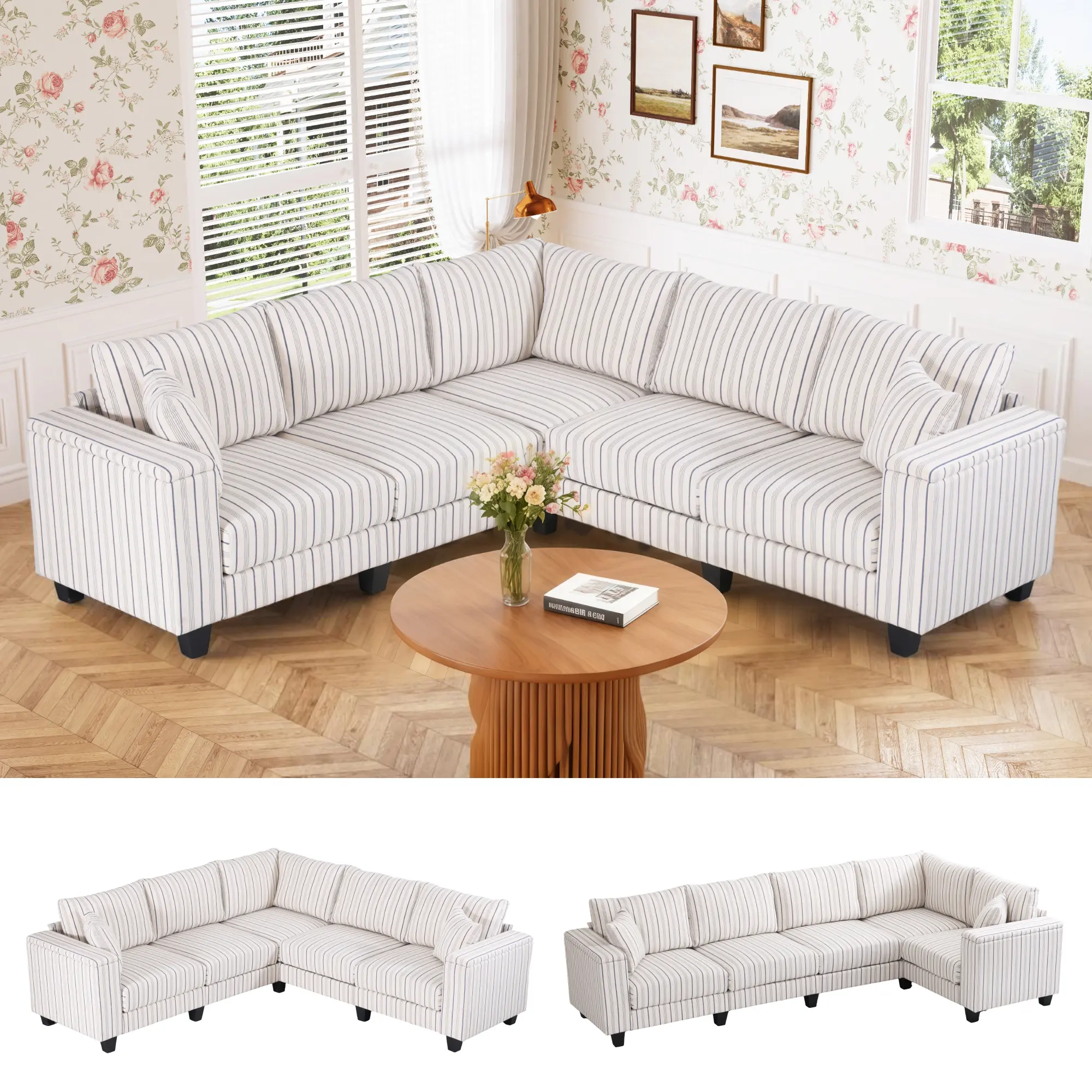 97" L Shaped Sectional Couch, Comfy  Sectional Couch, Modular Convertible V Shaped Couch, 5 Seater Corner Sofa with 2 Pillows & Storage Armrests for Living Room, Beige，Comfort & Stylish Design【2 Packages Shipping】