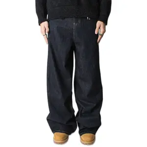 Indigo Blue Denim - Menswear Mid Waist Loose-Fitting Below the Ankle All Seasons Baggy Style Cotton Pants Streetwear