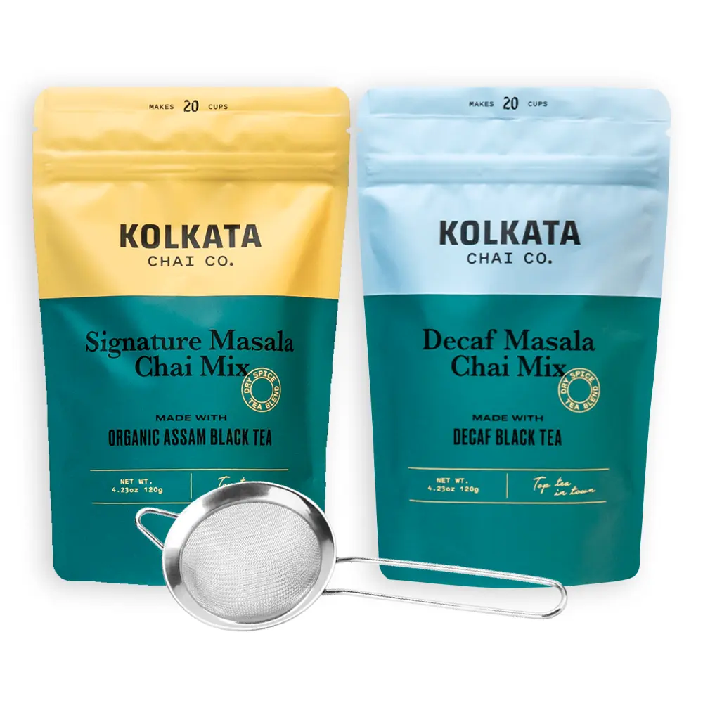 Kolkata Chai Co.'s Signature & Decaf Masala Chai Mix Combo - 40 Servings, Strainer Included, Perfect For The Morning AND Night