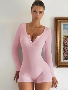 Women's Plain Button Front Ribbed Romper, Casual Long Sleeve Skinny Romper for Spring & Fall, Women's Clothes for Daily Wear