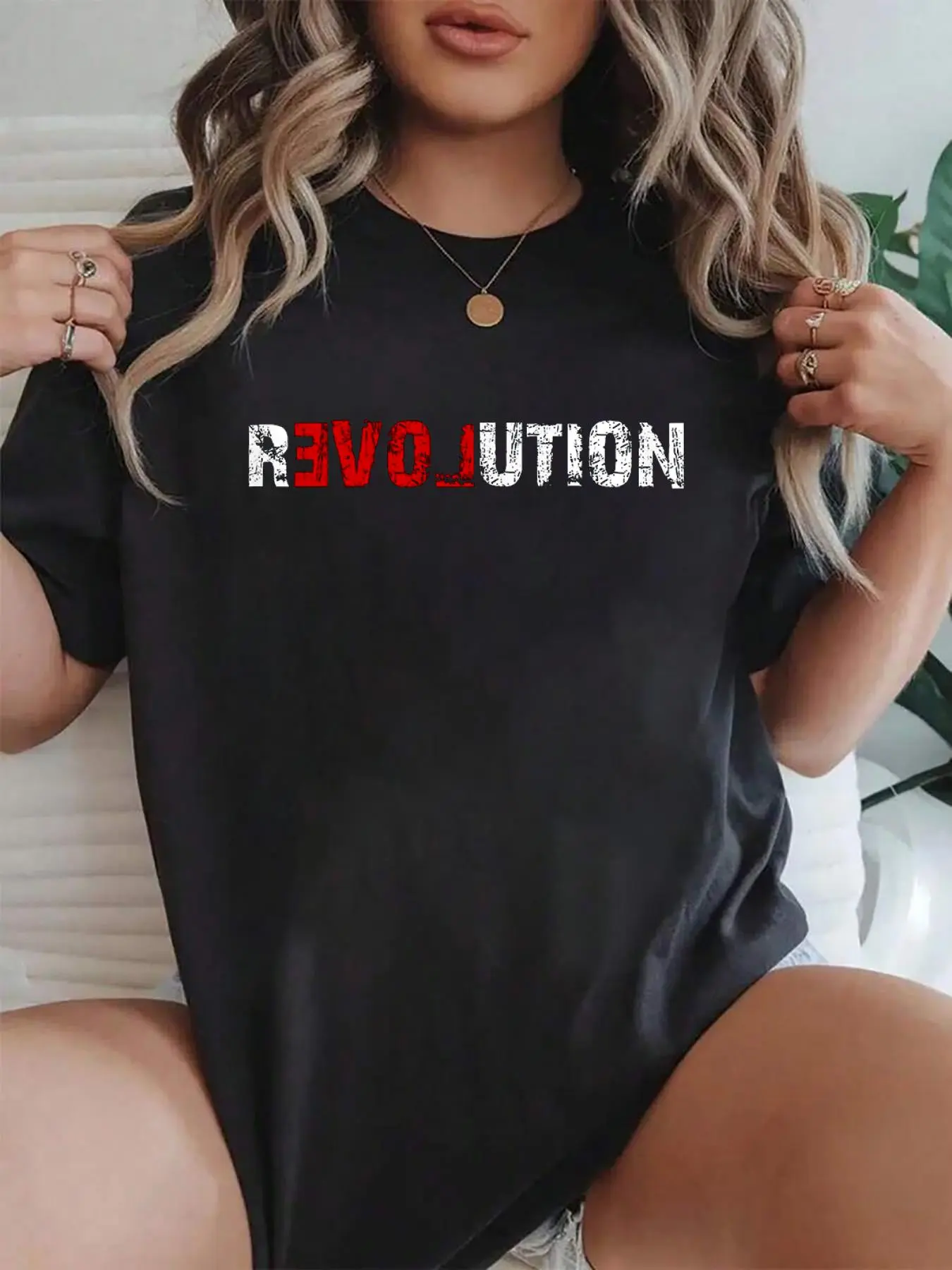 100% cotton Revolution Love T-Shirt T-Shirt Crew Neck short Sleeve T-Shirt, Casual Print Graphic Cotton Tees Women Tops