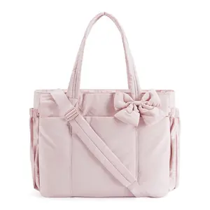 LightweightPuffyHandbagwithMultipleCompartmentsforTravelWorkBeachGymRemovableBow23LCapacity15.6"LaptopFriendlyPinkColor