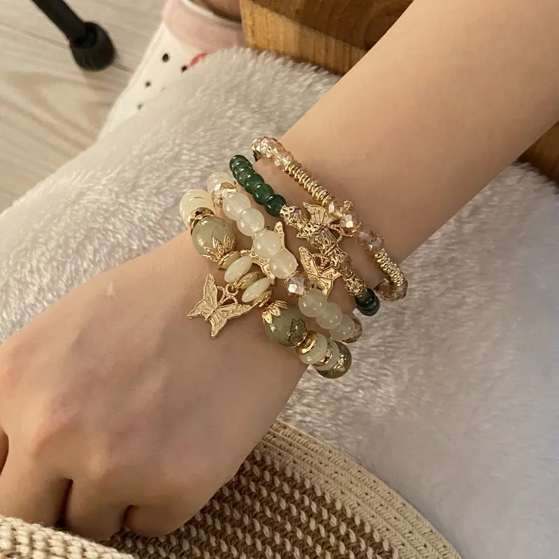 Women's 4-Piece Boho Chic Crystal Butterfly Pendant Bracelets, High Quality Gold-Beaded Retractable Stackable Colorful Charm Jewelry for Summer Beach