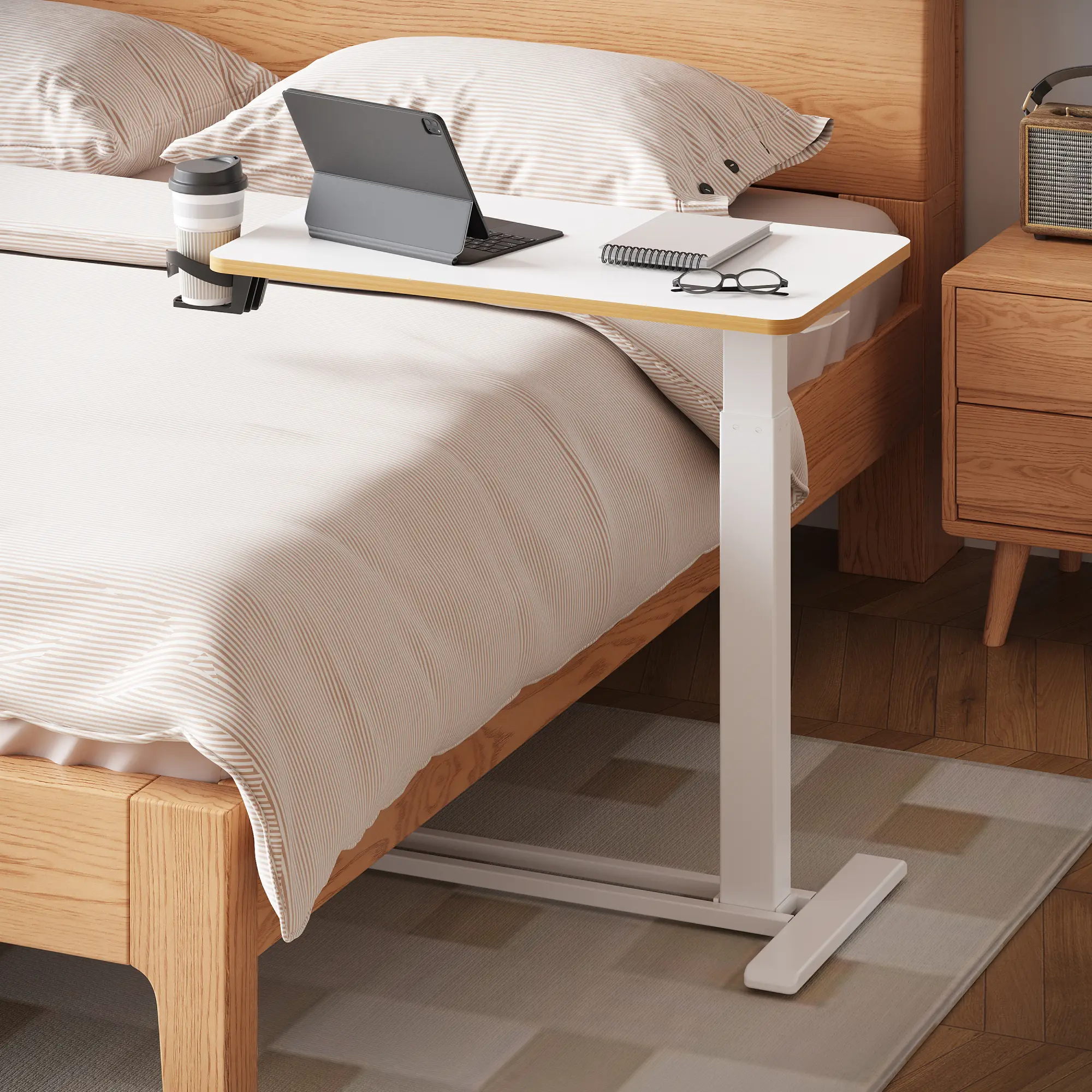 FlexiSpot Adjustable Height OverBed Table with Hidden Wheels — Standing Rolling Desk with Cup Holder for Hospital, Home, Office, Outdoor, viral table