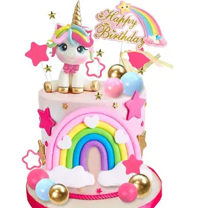 29 pcs unicorn cake topper unicorn rainbow cake decorations with rainbow stars unicorn balls happy birthday cake decorations for boys girls kids birthday party baby shower supplies star