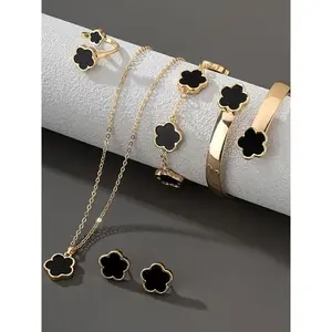 Lucky Flower Design Jewelry Set for Women, Fashion Necklace, Ring, Bracelet & Earrings, Trendy All-match Cute Floral Pendant Jewelry Set, Elegant Matching Jewelry for Daily Wear & Parties, Exquisite Gift for Her, Women’s Jewelry Gift Set