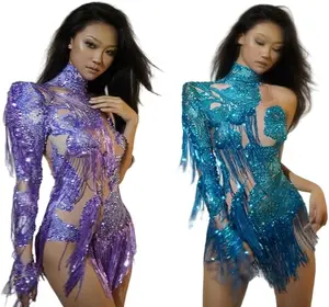 Sparkly Rhinestones Fringe Bodysuit Long Sleeve Bodysuit Cosplay Costume for Latin DS Stage Costume
