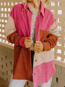 Colorblock Curved Hem Corduroy Shacket with Pocket Casual Jacket for Women Stylish Colorblock Design Curved Hem Practical Pocket Chic Style Coats Jeans Tops