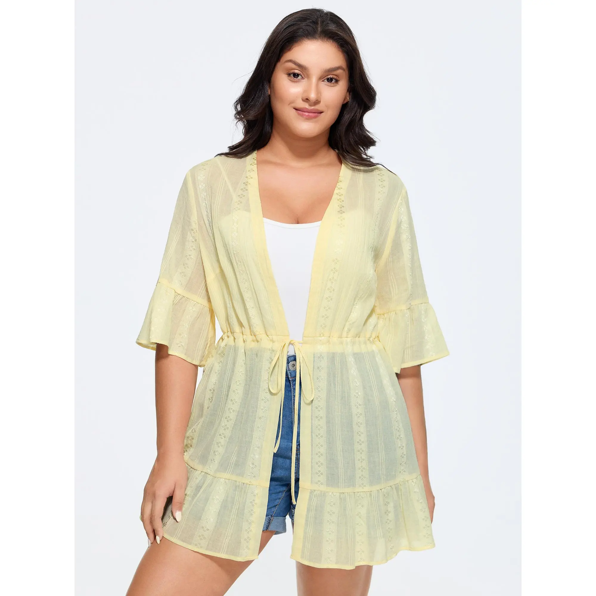 BloomChic Women's Plus Size Casual Front-Tie Top, Solid Sheer Lightweight Cover-Up with Ruched Detail in a Cotton Rayon Blend,back to school,back to school shopping, Adjustable