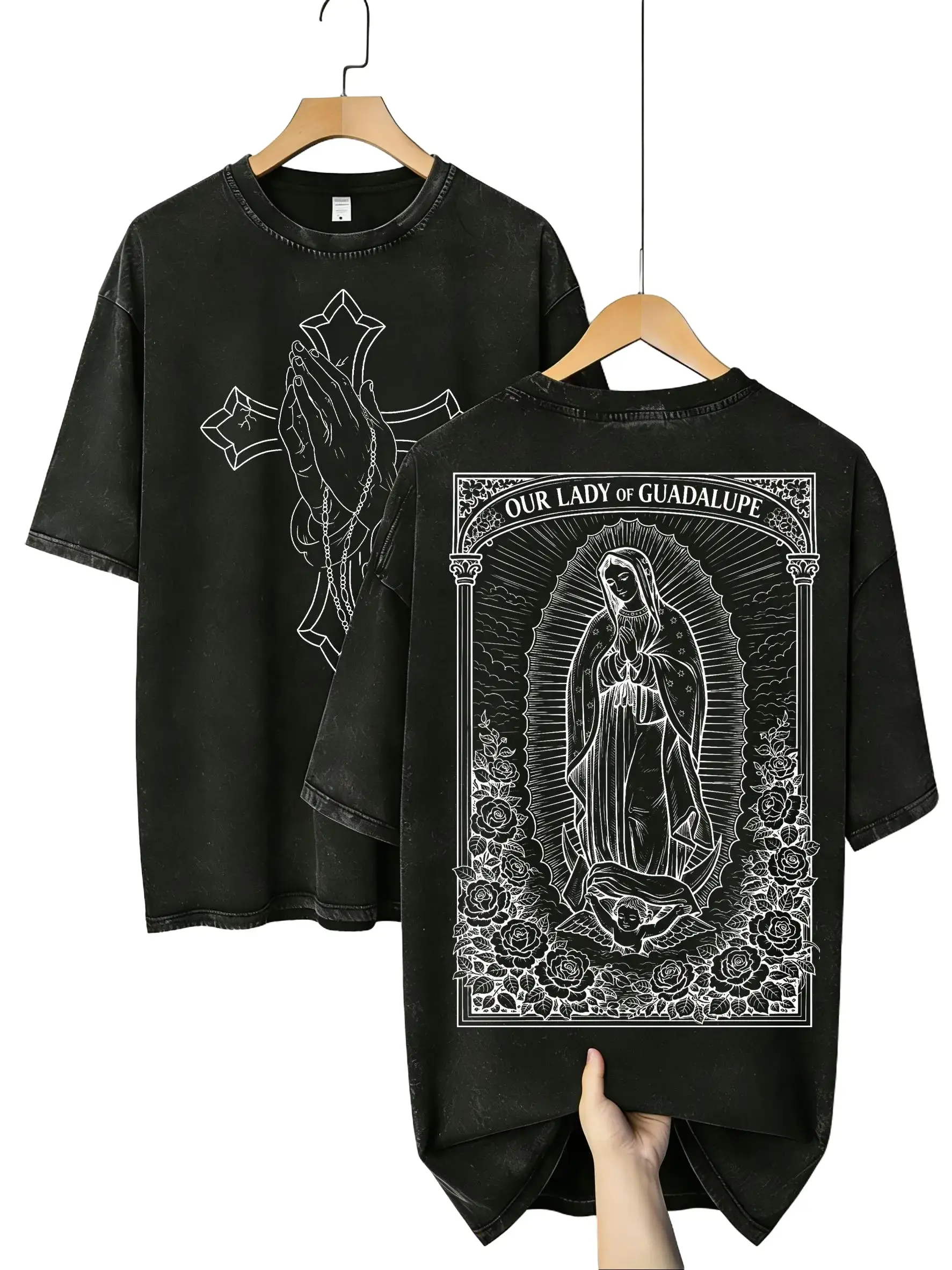 Men's Graphic Top, Vintage Distressed Our Lady of Guadalupe Print T-Shirt, Short-Sleeve Streetwear Gym Pump Cover, Tshirt, Shortsleeve