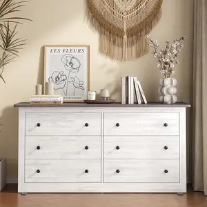 59" Wide 6 Drawer Dresser for Bedroom, Wood Storage Chest with Metal Handles, Vintage Style