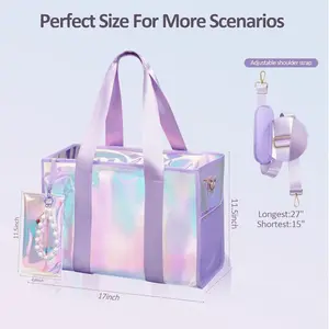 26L Iridescent PVC Clear Tote Bag for Women, Waterproof Sandproof Beach Travel Pool Bag with Zipper&Phone Pouch , Jacquard Beach Handbag for Girls tote  bag Women's