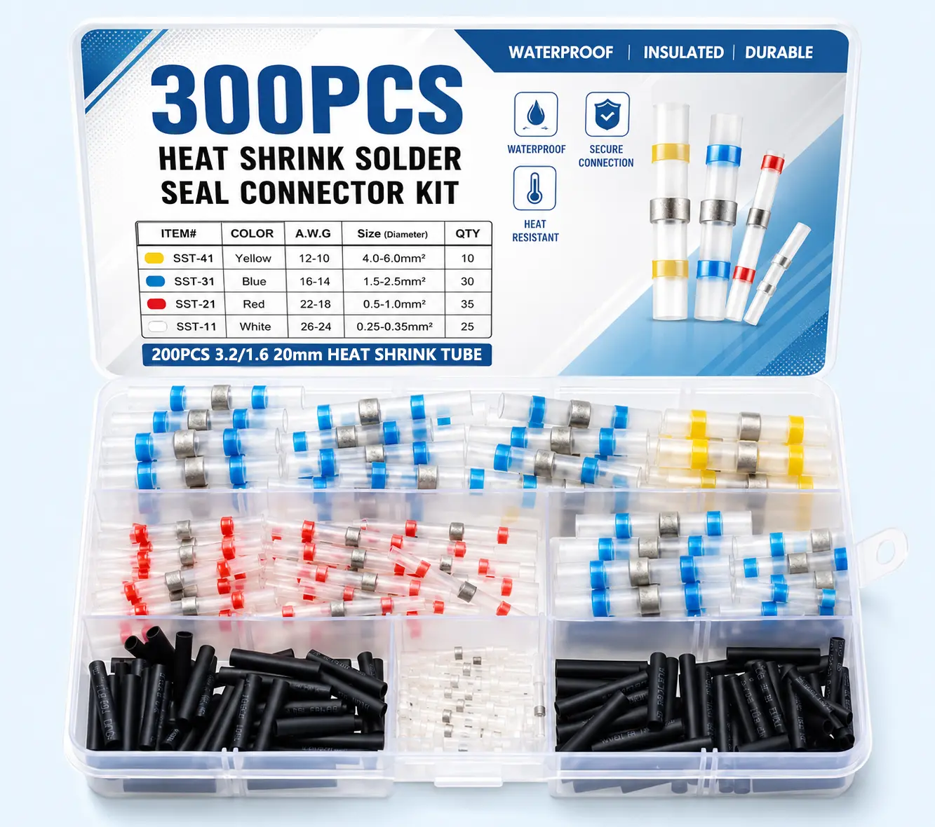 300PCS Solder Seal Wire Connectors - Waterproof Heat Shrink Butt Connectors with Self-Solder Function for Marine, Automotive, Stereo Applications,father'sdaygifts
