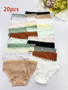 20pcs Set of Cotton Brazilian Pants, Lace And Lace Cotton Underwear, Comfortable, Elegant, Fashionable, Soft And Skin Friendly Underwear, Suitable for Daily Commuting, Women'S Underwear And Underwear