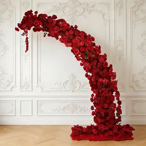 Silk Floral Backdrop for 8ft Half Crescent Wedding Arch – Foam-Backed Artificial Flower Arch in Red Mix with Roses, Hydrangeas & Chrysanthemums