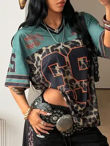 Y2K Retro Style Peregrinate 23 Leopard Print Jersey Top, Loose Fitted V-Neck Sport Tee, Hip-Hop Streetwear for All Seasons, Casual Sports Tops
