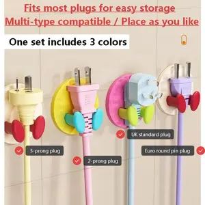 Dopamine Style No-Drill Candy Color Plug Hooks, Three-Piece Set, Detachable Adhesive Plug Organizer, Kitchen Bedroom Socket Storage Solution