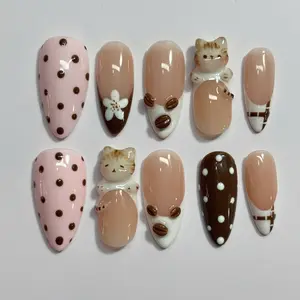 3D Cat Coffee Bean Press On Nails | Kawaii Handmade Gel Fake Nails