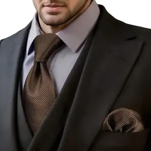 U27 Brown Houndstooth Necktie Set Handmade Wedding Fashion Extra Long Size Classic Ties for Mens Hanky