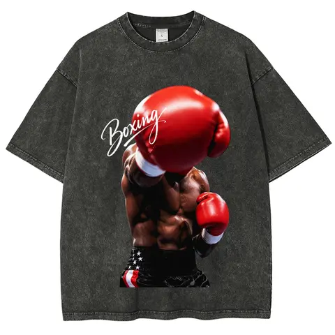Boxing Graphic Retro Crew Neck T-Shirt - 90s Vintage Boxing Legend Oversize Unisex Batik Cotton Fabric Top, Super Soft Pre-Shrunk Menswear Streetwear, Back to School