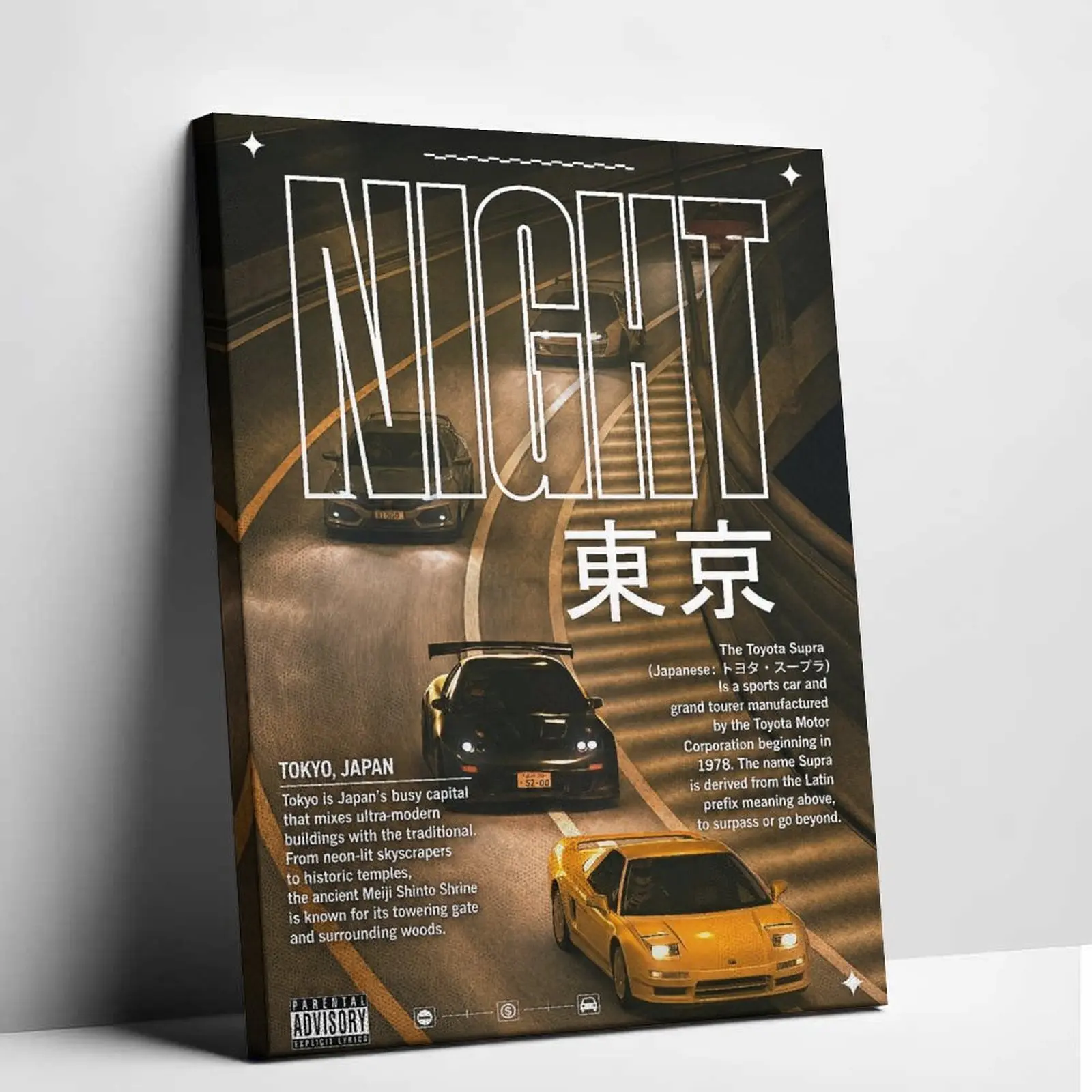 Modern JDM Sports Car Canvas Wall Art Vintage Racing Vehicle Poster Prints Tokyo Midnight Highway Photo Graphic Artwork Living Room Garage Man Cave Decor Picture Workspace