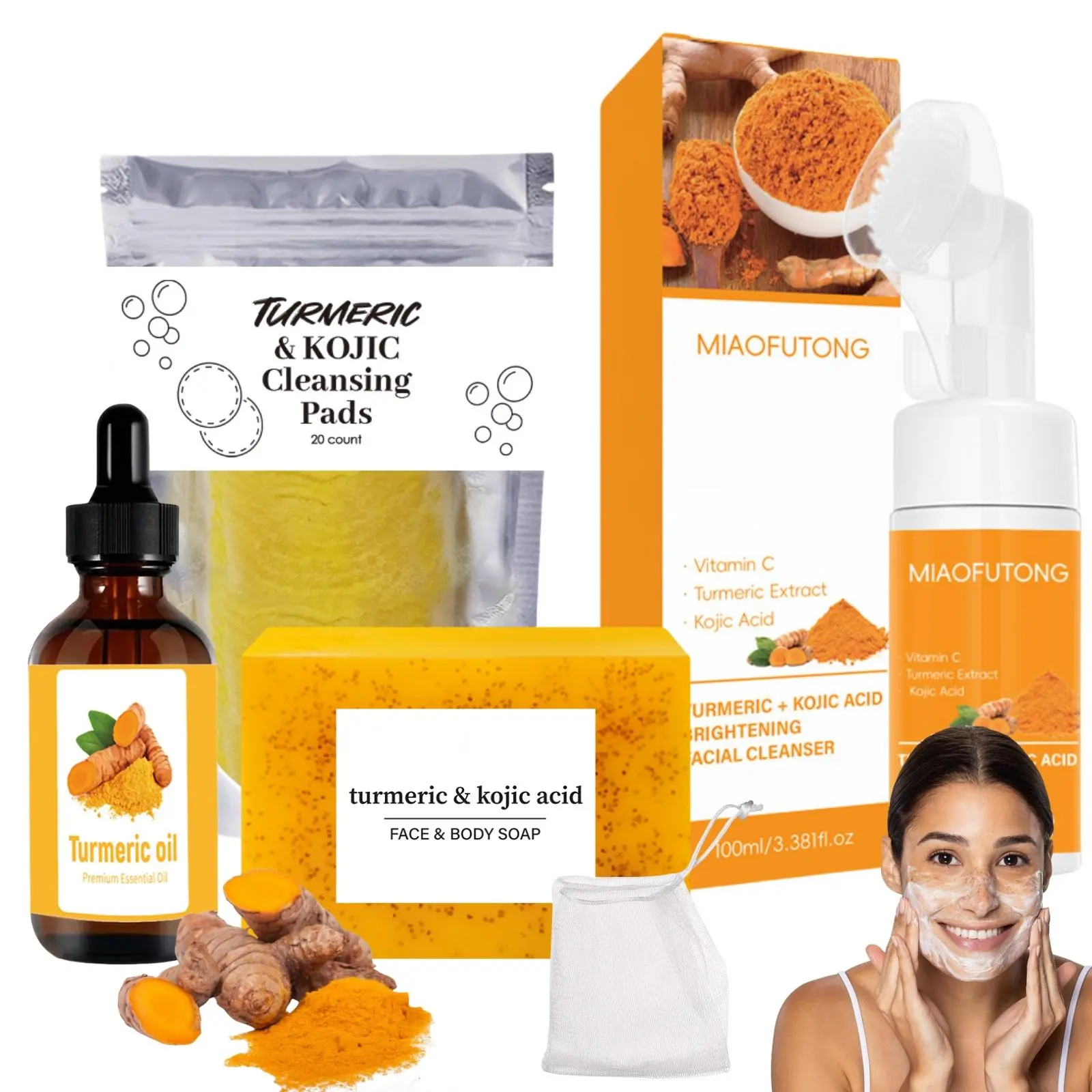 Turmeric Facial Cleansing Set, 4 Counts/set Turmeric Soap & Essential Oil & Cleaning Pad & Mousse Cleanser, Turmeric Face Wash, Deep Cleansing & Nourishing Skincare Set for Women & Men, Turmeric Brightening Cleanser