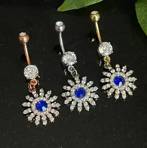 1 Piece Stunning Paved Gem Flower with Blue CZ Center Dangle Navel / Naval Belly Ring - 14g - 10mm