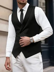 Men's Business Casual Formal Wear Fitted Vest Jacket, Pure Color Double Button Classic Design, Elegant V Neck Sleeveless Waistcoat for Spring & Fall Office Wear
