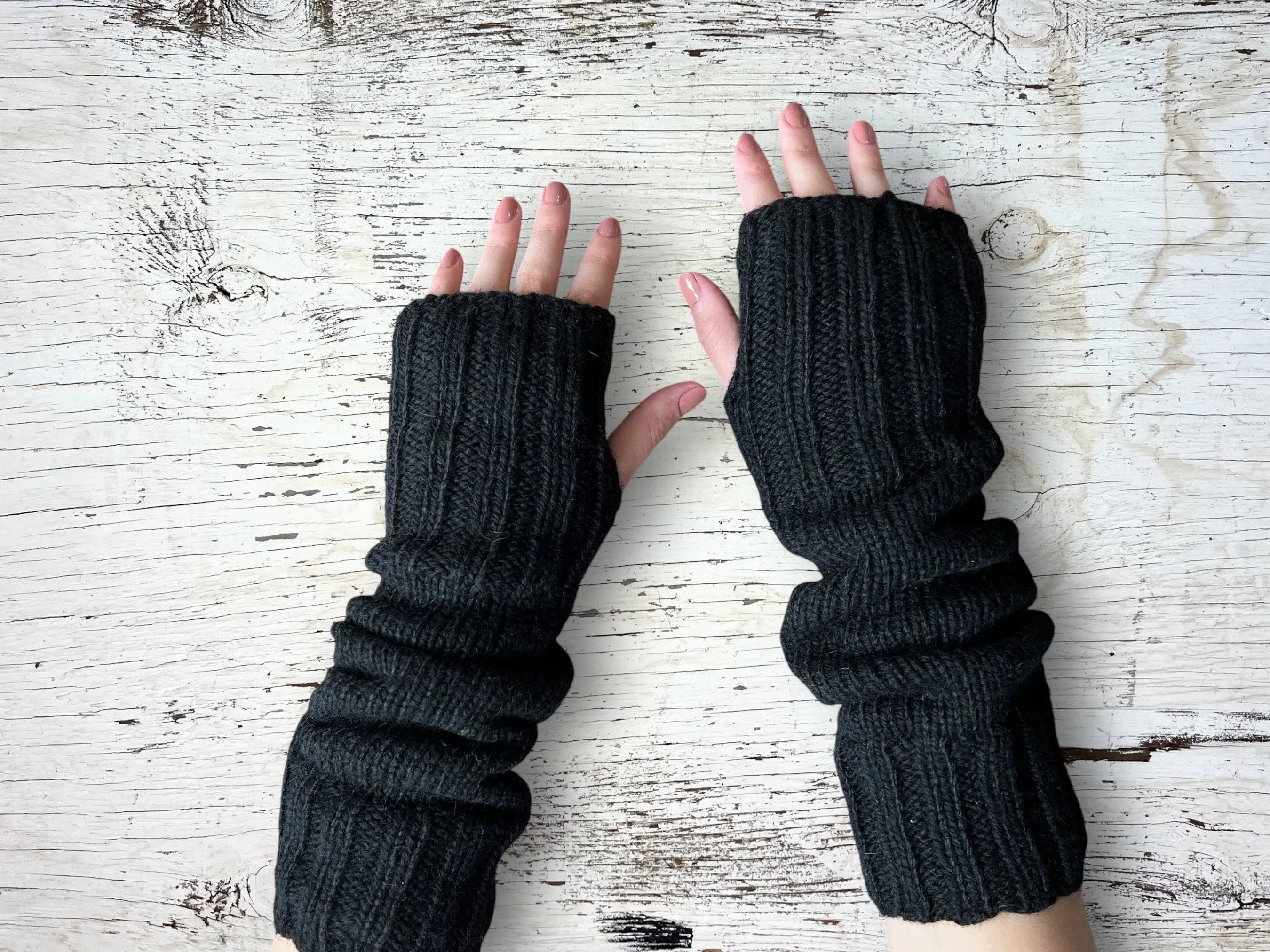 Hand Knit Alpaca Wool Fingerless Long Fleece Lined Gloves Black Texting Hand Warmers Ladies Women Winter