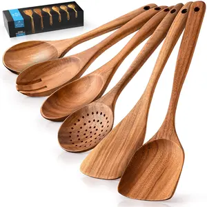 Zulay Kitchen 6-Piece Wooden Utensil Set - Teak Wood Spoons and Spatulas - Non-Stick, Oil-Safe, Aesthetic Design for Cooking and Serving