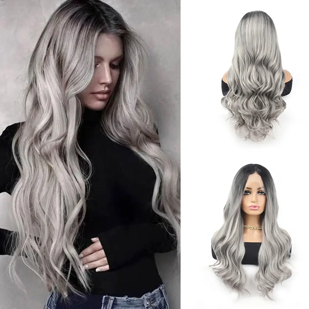 13x4 Transparent Lace Front Wig Natural Wave Ombre Black Gray Synthetic Wig for Women Natural Hairline Heat Resistant Wigs