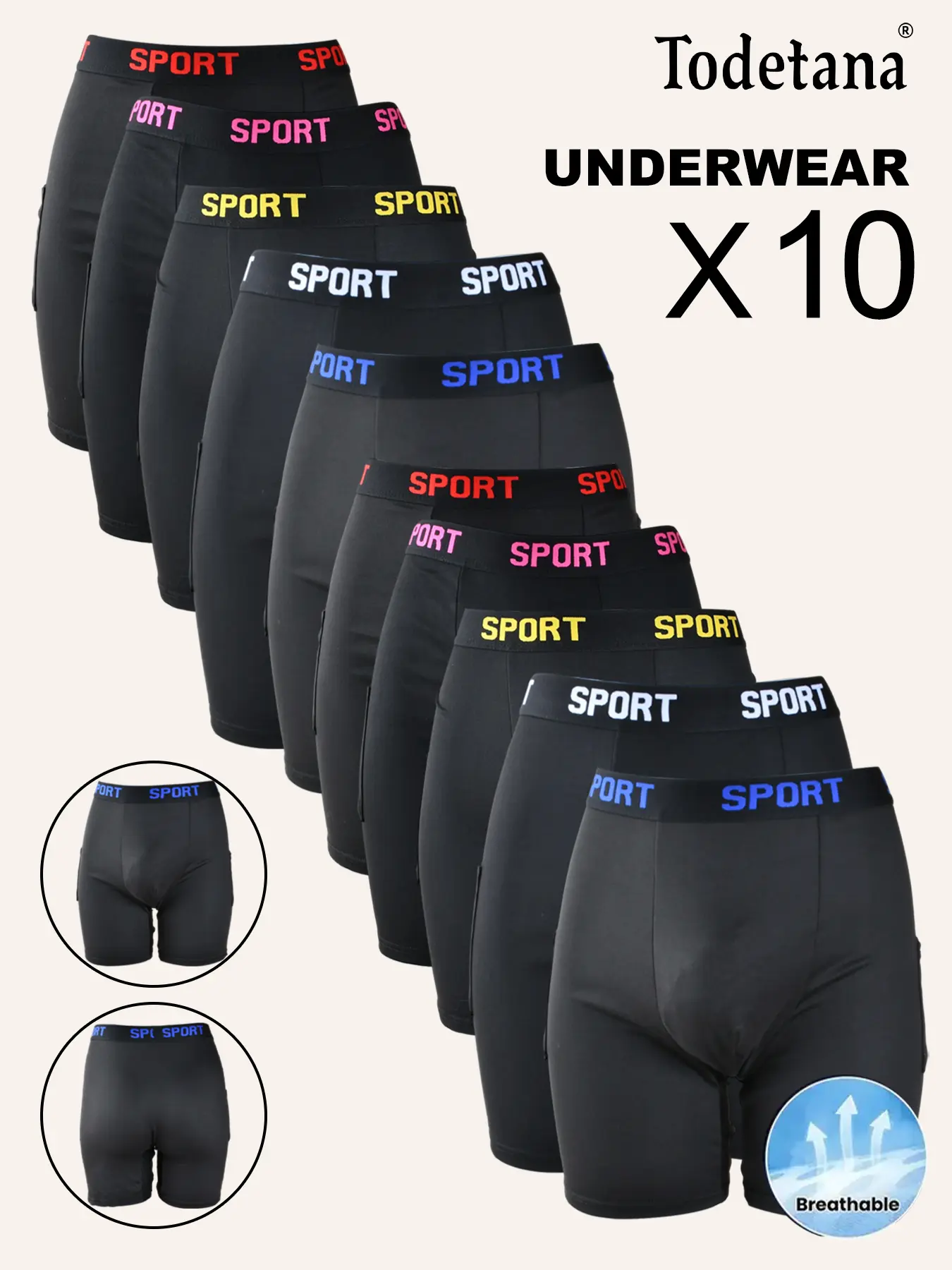 Todetana 10-piece Men's Letter Tape Pocket Boxer Brief Quick Drying Breathable Comfortable Compression Underwear for Men Casual Underwear for All Seasons