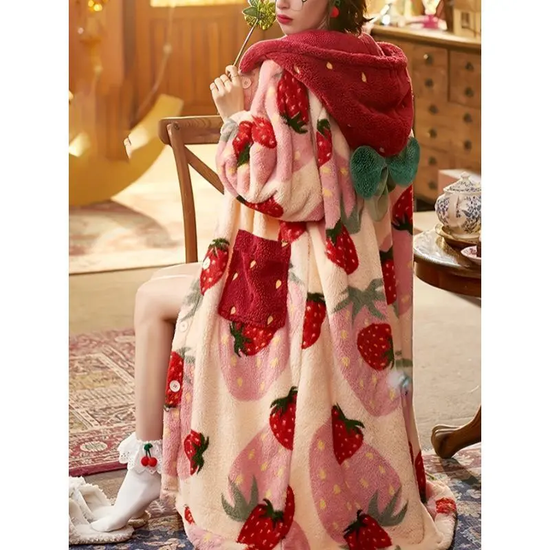 Women's Cute Strawberry Fleece Thick Winter Night Robe - Longsleeves, Loose-Fitting, Convenient Pockets, Machine Wash, Dry Clean | Women's Sleepwear, Loungewear, Multicolor, All Over Print