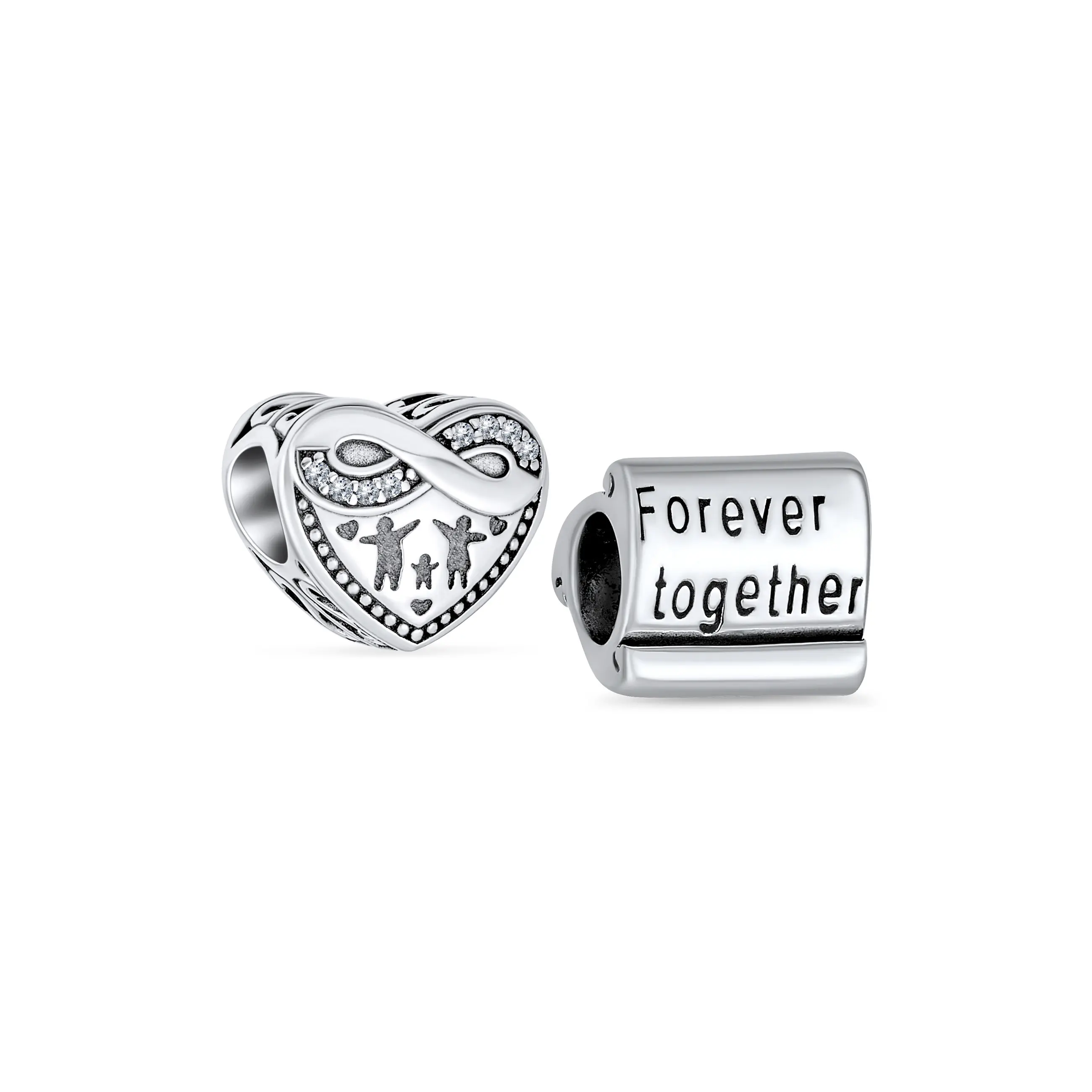 .925 Sterling Silver Family Infinity Heart & Words Forever Together Charm Bead for Bracelet (Set)
