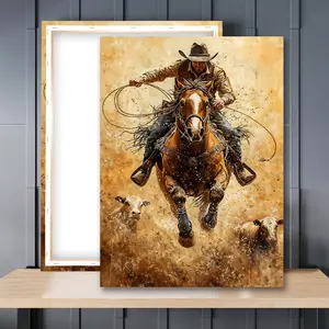 1pc Wooden Framed, Cowboy Roping Cattle Canvas Poster, Western Wall Art Print Poster, Rustic Art Painting, Wild West Horse Art, Ideal For Bedroom, Office, Living Room, Home Decoration, Modern Home Decor, Perfect Gift Idea