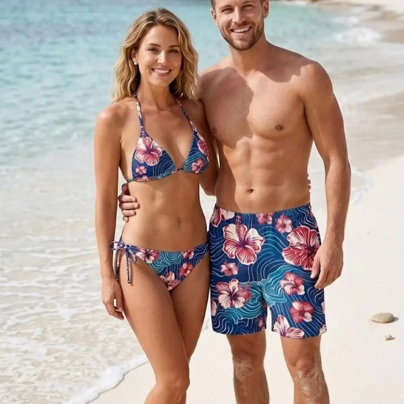 Women's Matching Couple Swimwear Set - Tropical Sunset Bikini with Straps, Lightweight Fabric Trunks, Beach-Style Summer Vacation Outfit, Print, Soft