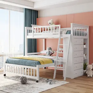 Wood Bunk Bed Frame Twin Over Full with 6 Storage Drawers and Adjustable Shelves, L-Shaped Bunk/Loft Bed with Storage, Bottom Bed with Wheels, White