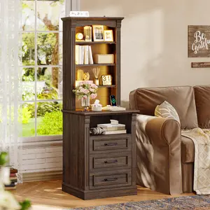 61" Tall Nightstand with Charging Station & LED Lights, Bedside Table with 3 Drawers and 3 Adjustable Shelves, Roman Column, Farmhouse End Table for Bedroom, Living Room, Walnut